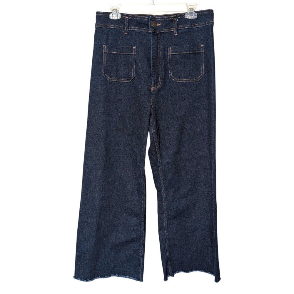 Zara Women Blue High Rise Wide Leg Marine Straight Jeans Raw Hem Size 12 Indigo - Picture 2 of 10